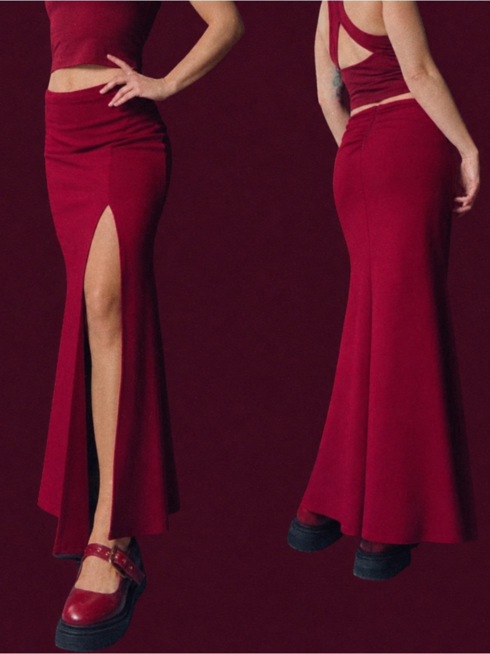 Y2K High-Slit Maxi Skirt in Berry Red